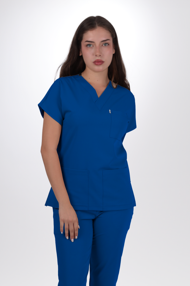 Premium Likralı Klasik Seri Kadın Saks Mavisi Scrubs