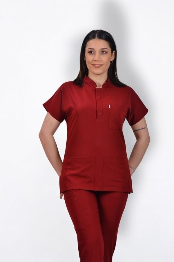 Premium Likralı Snap Seri Kadın Bordo Scrubs