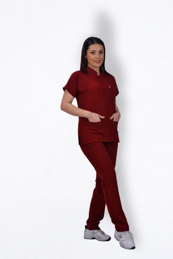 Premium Likralı Snap Seri Kadın Bordo Scrubs