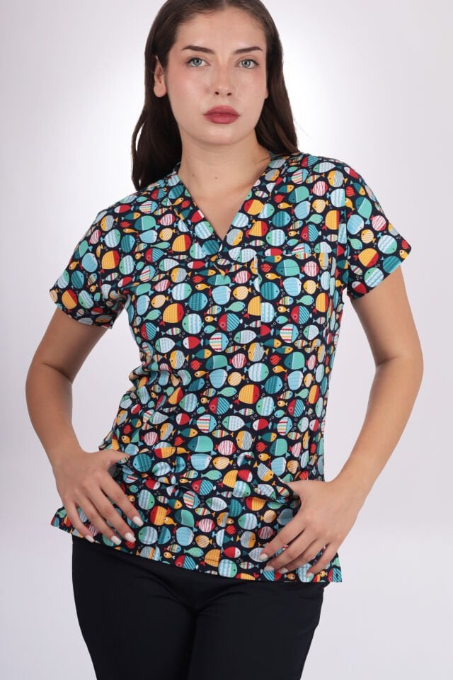 Desenli Seri Balıklı Desen Kadın Tek Üst