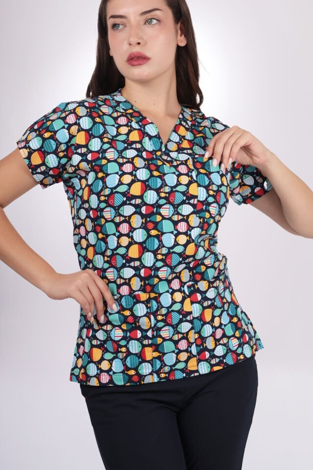 Desenli Seri Balıklı Desen Kadın Tek Üst