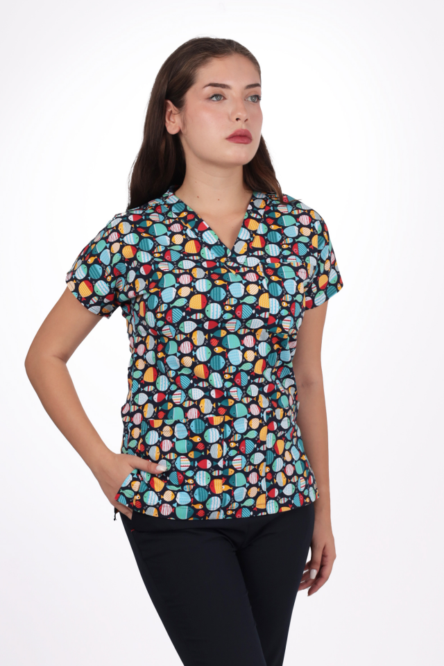 Desenli Seri Balıklı Desen Kadın Tek Üst