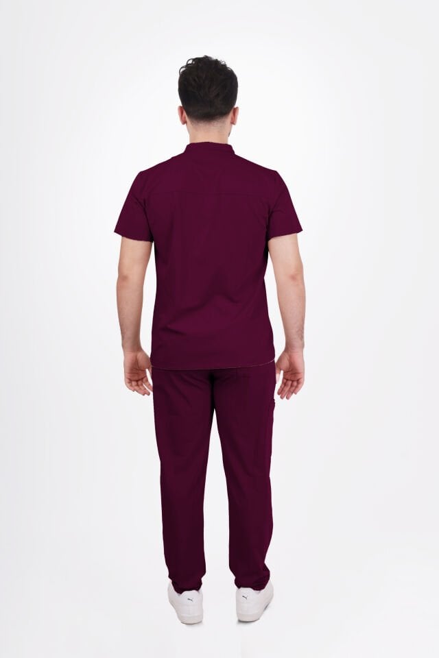 Premium Likralı Boydan Çıtçıt Seri Erkek Mürdüm Scrubs