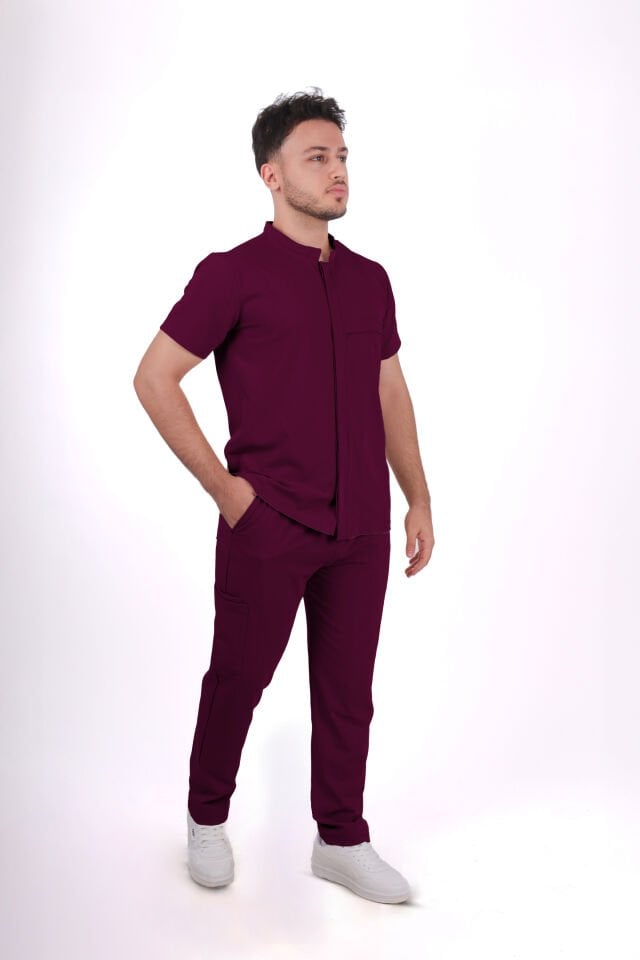 Premium Likralı Boydan Çıtçıt Seri Erkek Mürdüm Scrubs