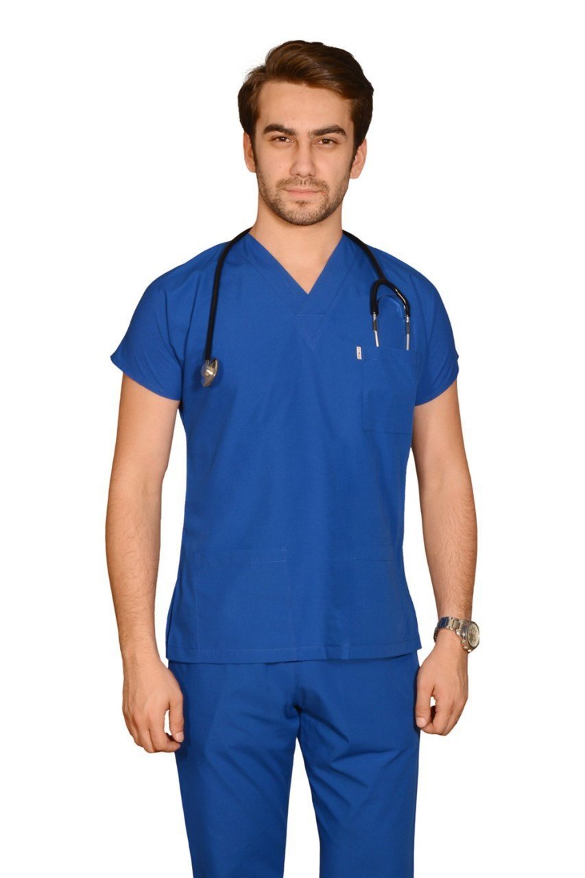 Terycoton Erkek Saks Mavi Doktor Hemşire Forması S - Hayır - İsim Yazılmasın - TEK ÜST