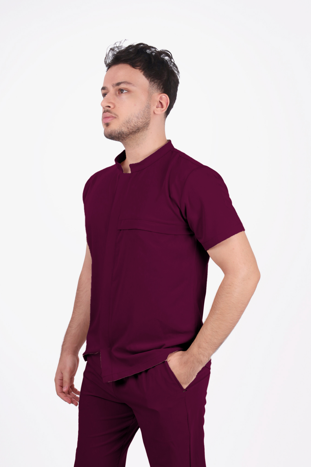 Premium Likralı Boydan Çıtçıt Seri Erkek Mürdüm Scrubs