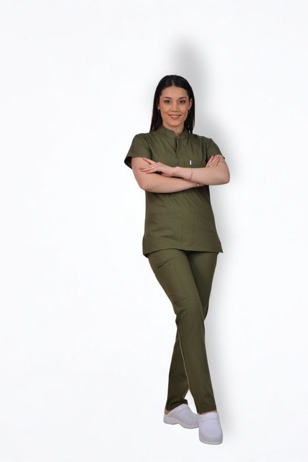 Premium Likralı Snap Seri Kadın Haki Scrubs