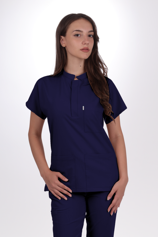 Premium Likralı Snap Seri Kadın İndigo Lacivert Üniforma Takım