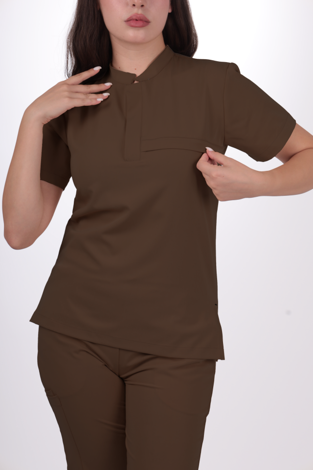 Premium Likralı Lotus Seri Kadın Kahverengi Scrubs