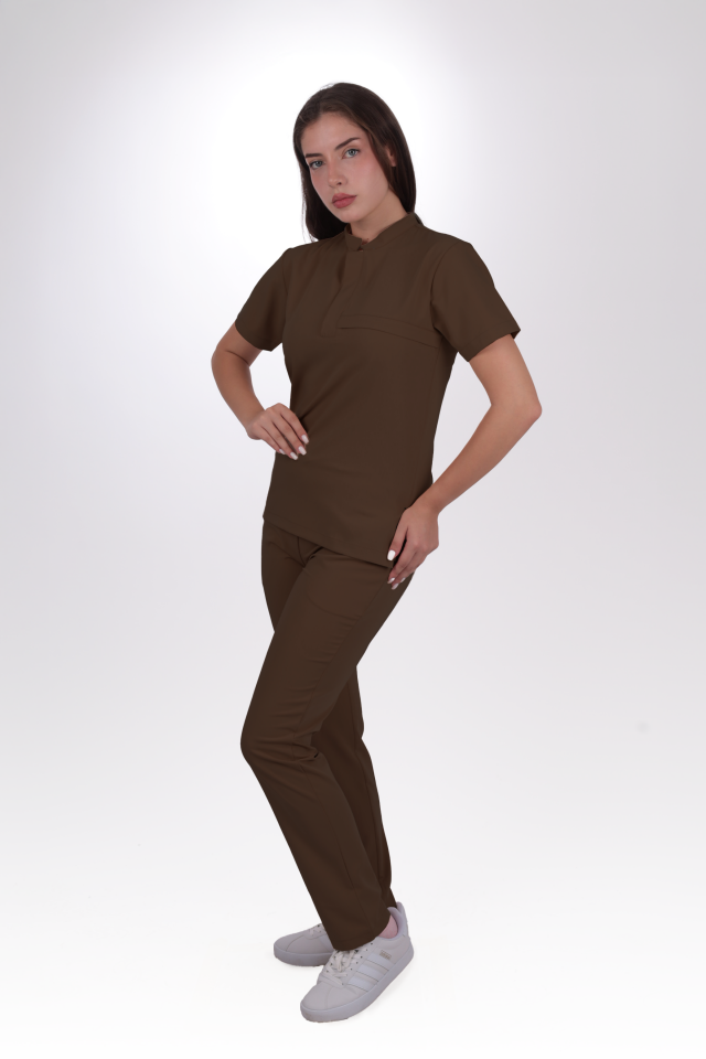 Premium Likralı Lotus Seri Kadın Kahverengi Scrubs