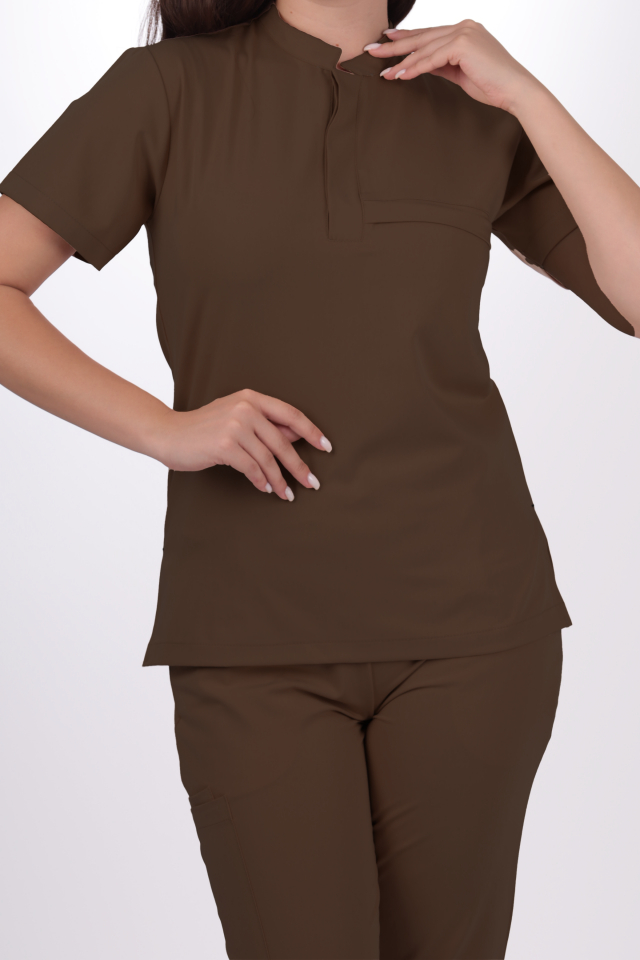 Premium Likralı Lotus Seri Kadın Kahverengi Scrubs