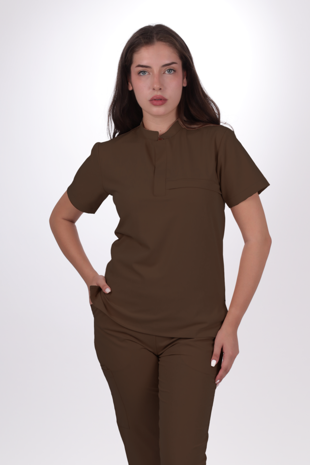 Premium Likralı Lotus Seri Kadın Kahverengi Scrubs
