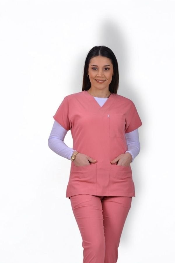 Likralı Klasik Seri Kadın Mercan Pembesi Scrubs