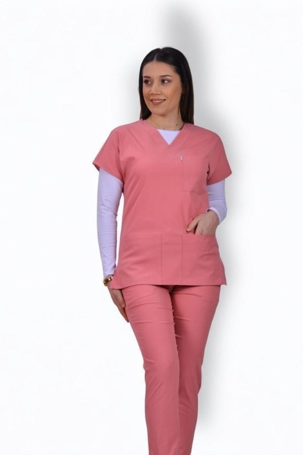 Likralı Klasik Seri Kadın Mercan Pembesi Scrubs