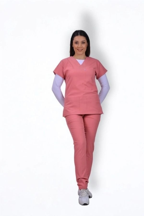 Likralı Klasik Seri Kadın Mercan Pembesi Scrubs