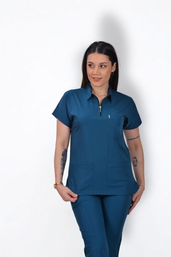 Premium Likralı Zipper Seri Kadın  Marine Petrol Scrubs