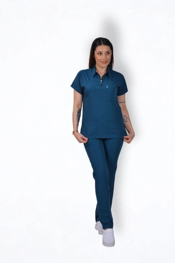 Premium Likralı Zipper Seri Kadın  Marine Petrol Scrubs