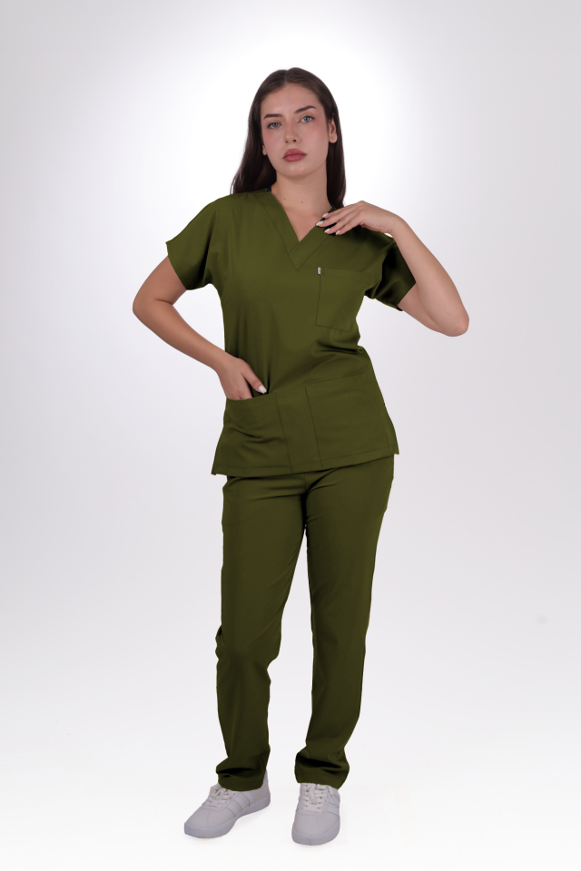 Premium Likralı Klasik Seri Kadın Yağ Yeşili Scrubs