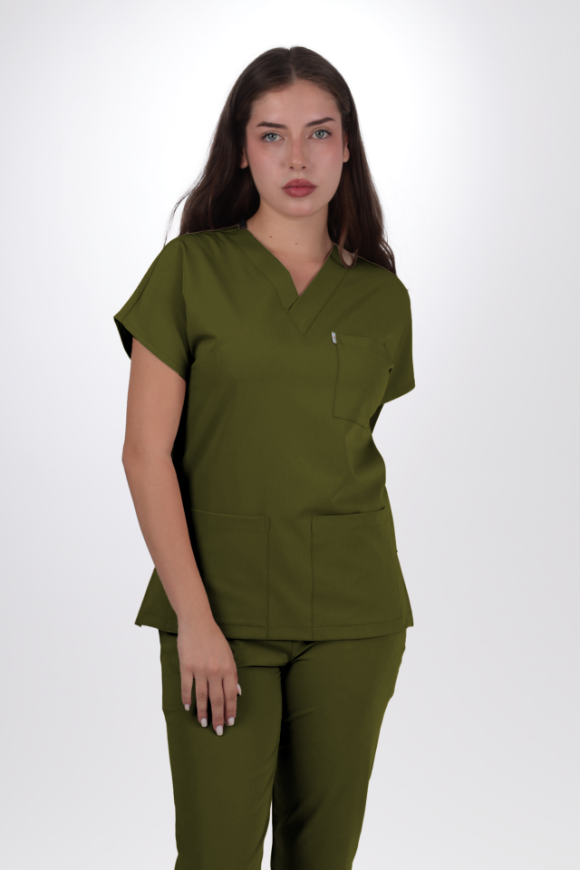 Premium Likralı Klasik Seri Kadın Yağ Yeşili Scrubs