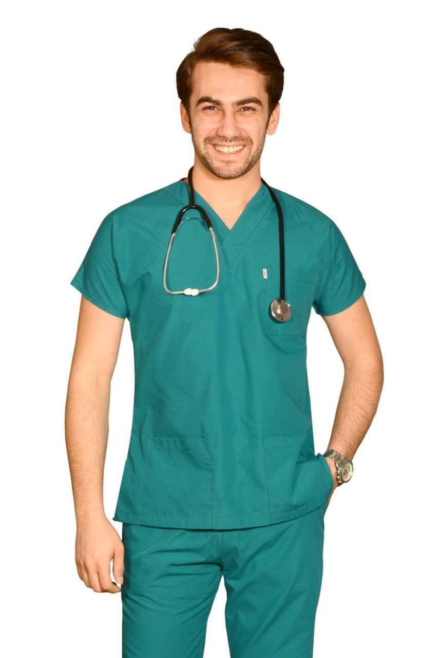 Terycoton Erkek Cerrahi Yeşil Doktor Hemşire Forması XS - Evet - İsim Yazılsın - TEK ÜST