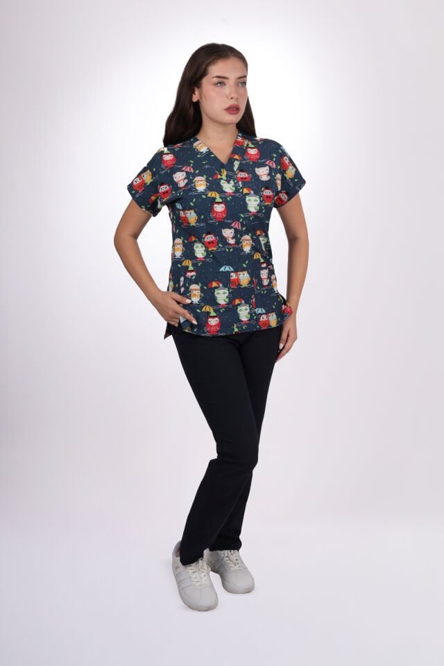 Desenli Seri Lacivert Baykuş Desen Kadın Tek Üst