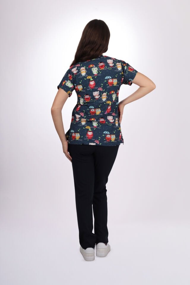 Desenli Seri Lacivert Baykuş Desen Kadın Tek Üst