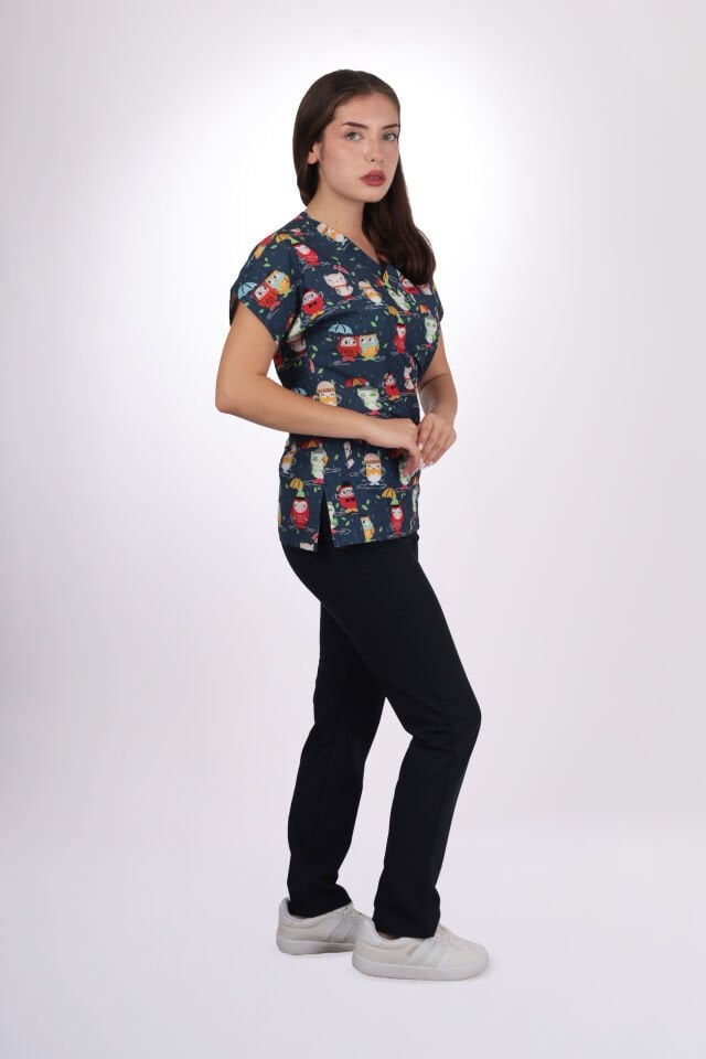 Desenli Seri Lacivert Baykuş Desen Kadın Tek Üst