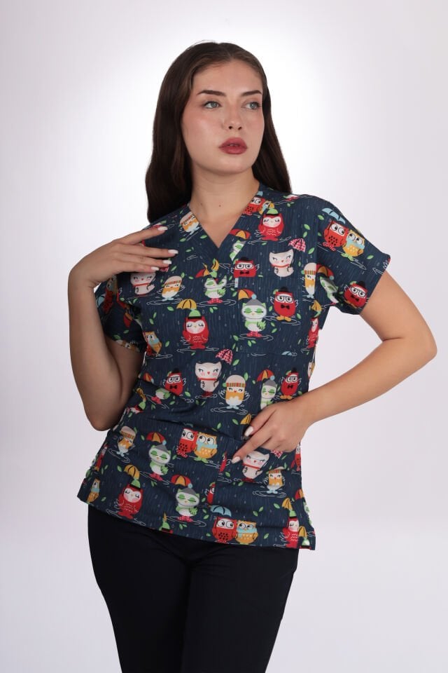 Desenli Seri Lacivert Baykuş Desen Kadın Tek Üst