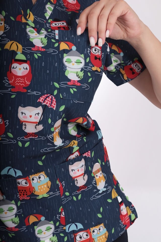 Desenli Seri Lacivert Baykuş Desen Kadın Tek Üst