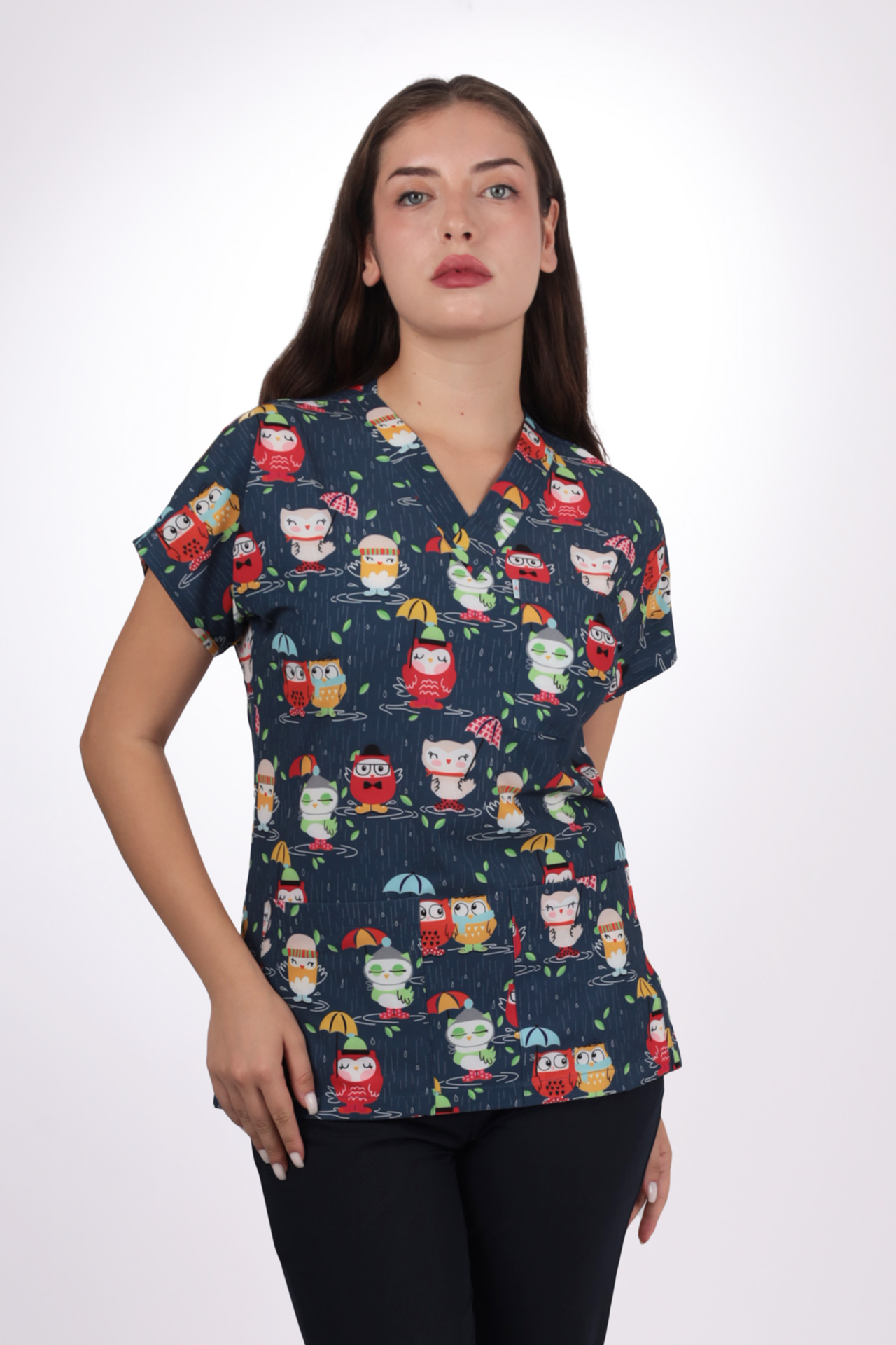 Desenli Seri Lacivert Baykuş Desen Kadın Tek Üst