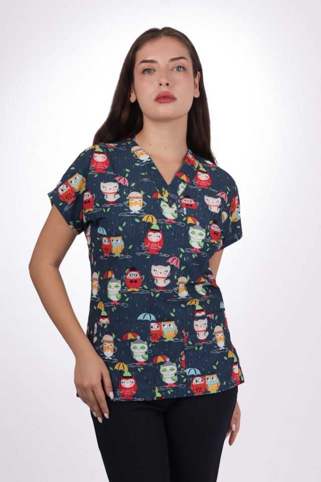 Desenli Seri Lacivert Baykuş Desen Kadın Tek Üst