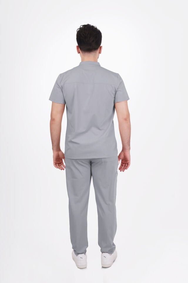 Premium Likralı Boydan Çıtçıt Seri Erkek Açık Gri  Scrubs