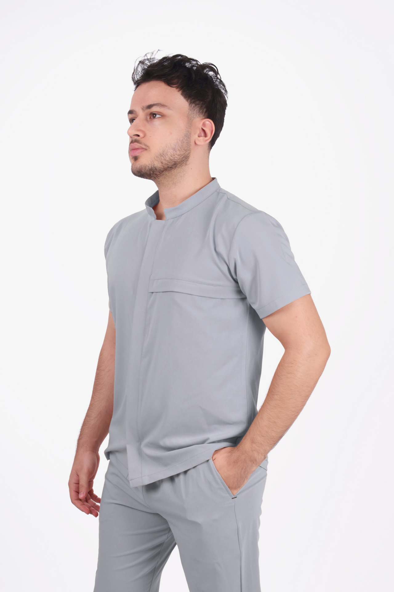 Premium Likralı Boydan Çıtçıt Seri Erkek Açık Gri  Scrubs