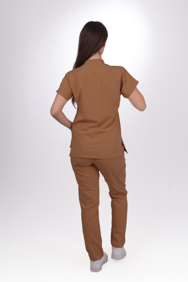 Premium Likralı Snap Seri Kadın Kahverengi Scrubs