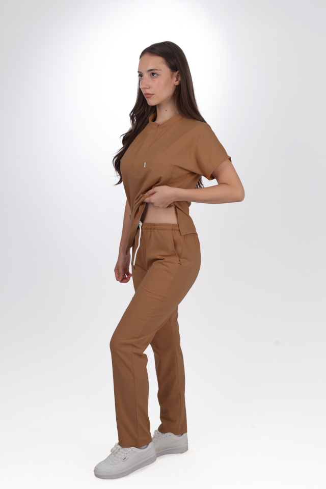 Premium Likralı Snap Seri Kadın Kahverengi Scrubs