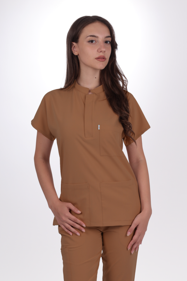 Premium Likralı Snap Seri Kadın Kahverengi Scrubs