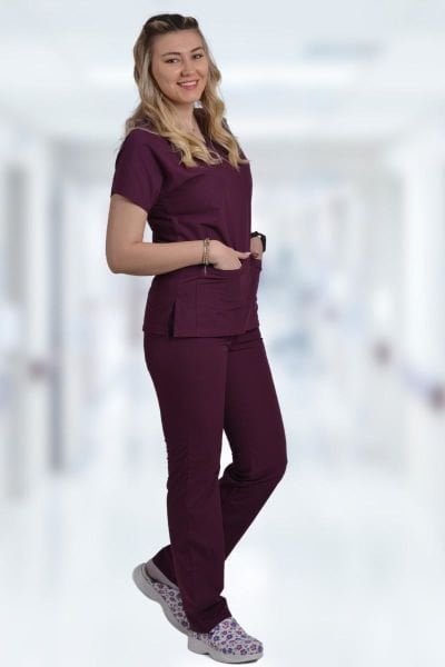 Terycoton Kadın Mürdüm Doktor Hemşire Forması