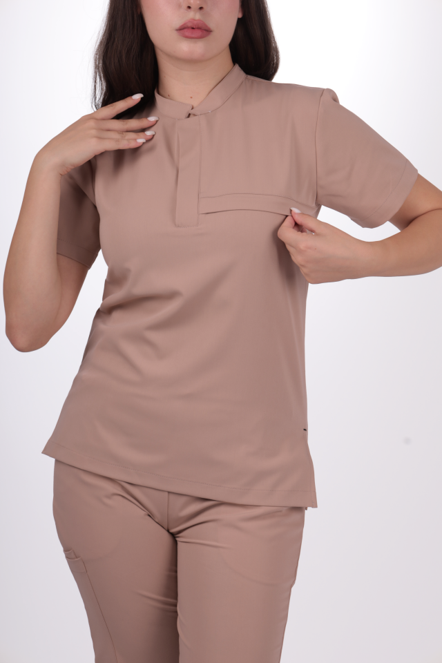 Premium Likralı Lotus Seri Kadın Karamel Scrubs