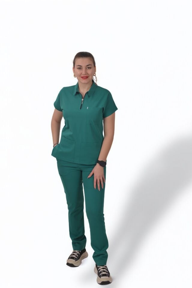 Premium Likralı Zipper Seri Kadın Cerrahi Yeşili Scrubs