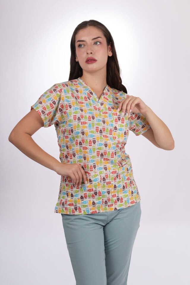 Desenli Seri Baykuş Desen Kadın Tek Üst