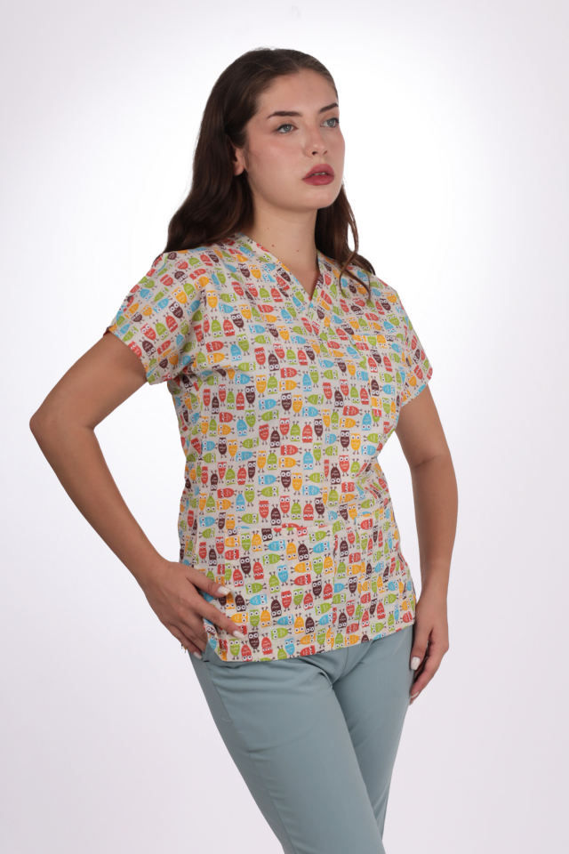 Desenli Seri Baykuş Desen Kadın Tek Üst