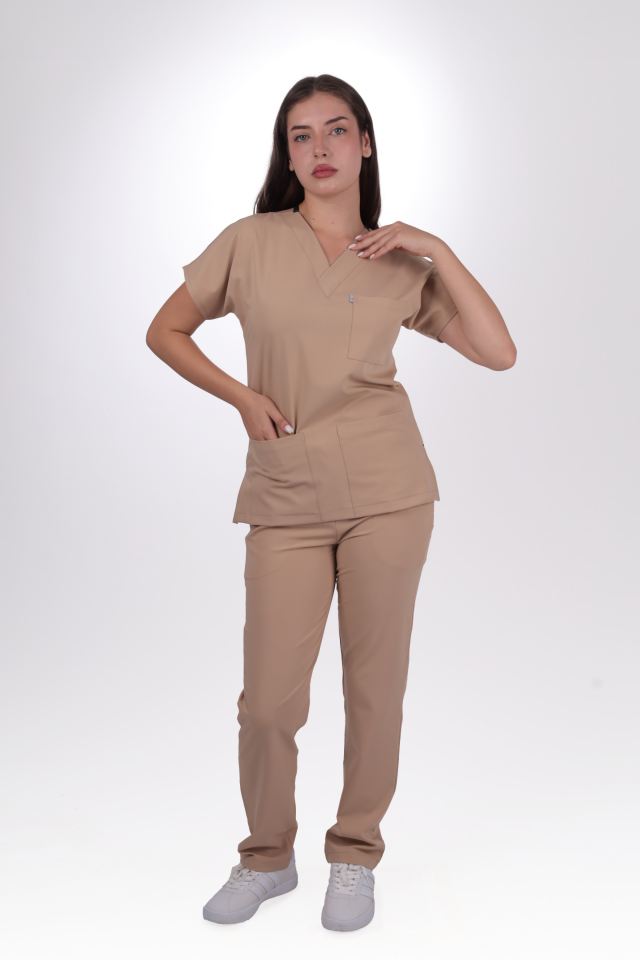 Premium Likralı Klasik Seri Kadın Bej Scrubs