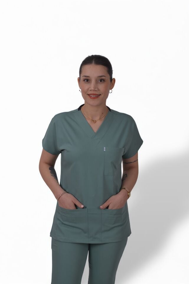 Premium Likralı Klasik Seri Kadın Küf Yeşili Scrubs