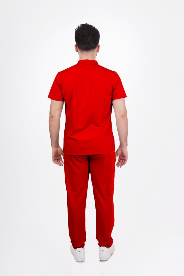 Premium Likralı Boydan Çıtçıt Seri Erkek Kırmızı Scrubs