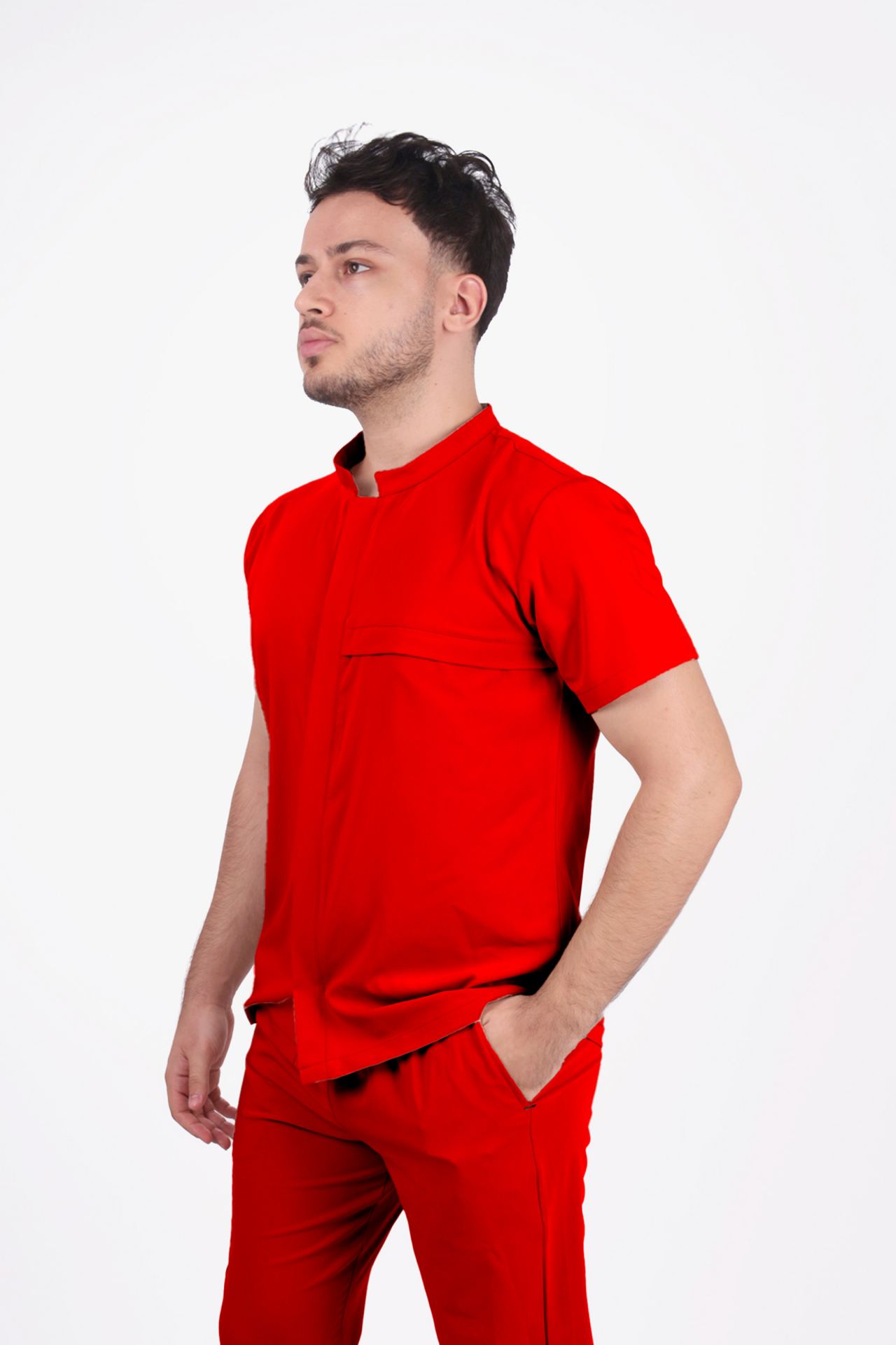 Premium Likralı Boydan Çıtçıt Seri Erkek Kırmızı Scrubs