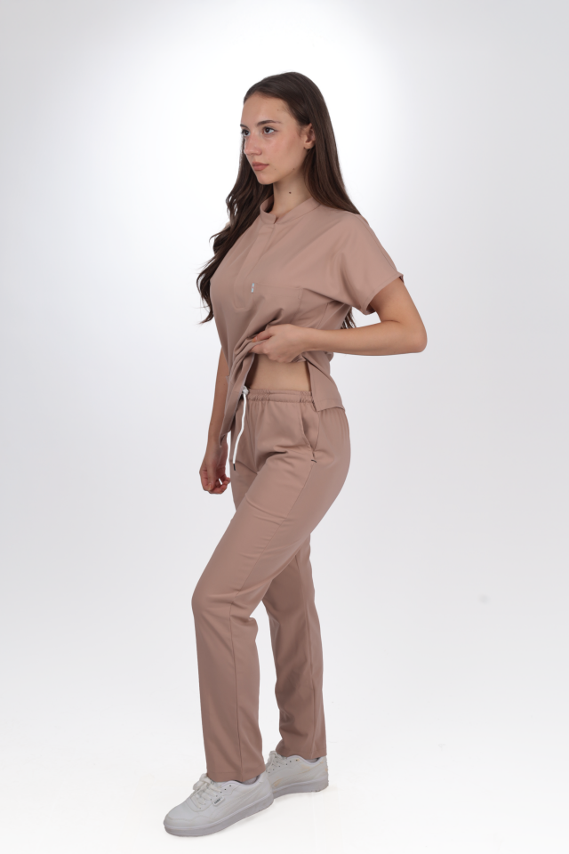 Premium Likralı Snap Seri Kadın Karamel Scrubs