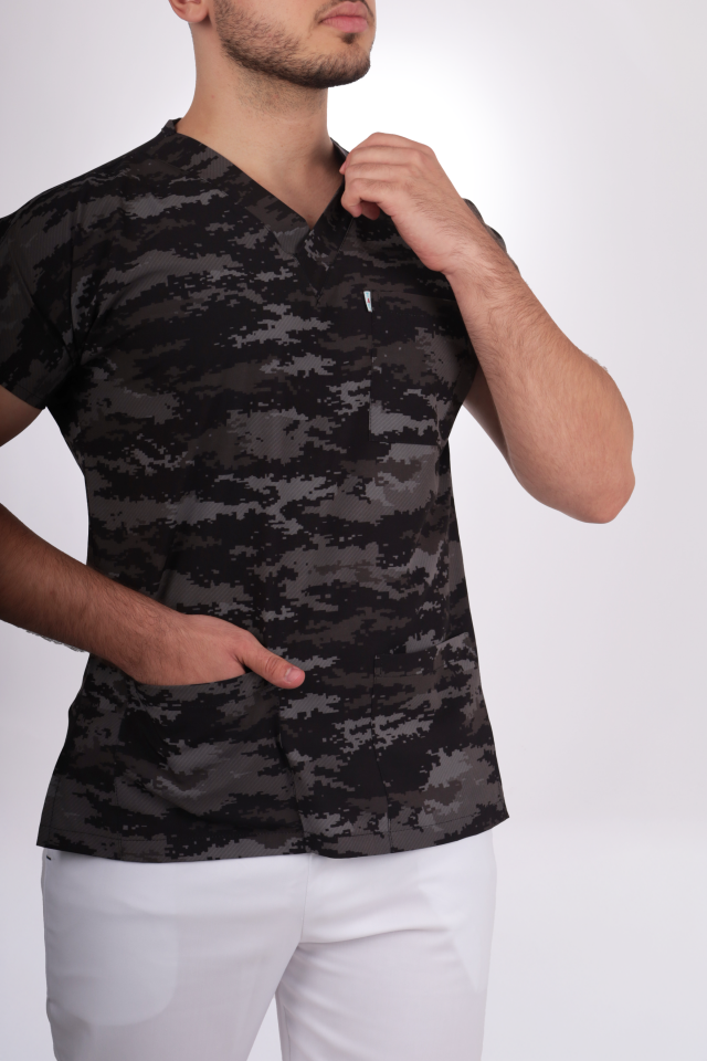 Desenli Seri Gri Kamuflaj Desen Erkek Tek Üst