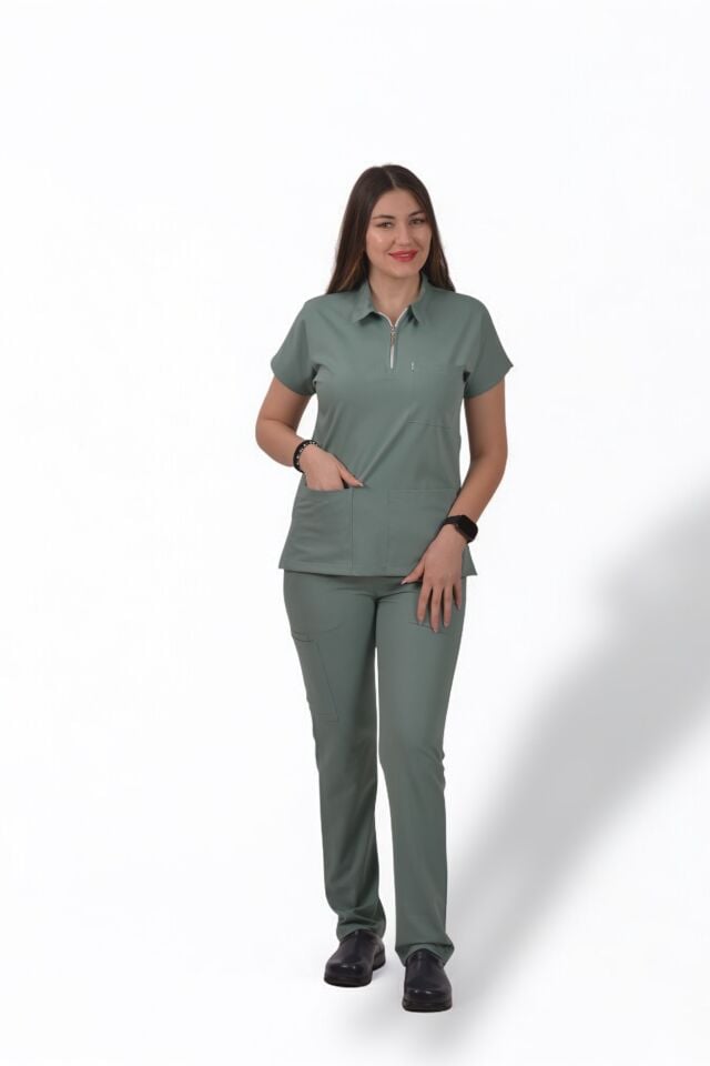 Premium Likralı Zipper Seri Kadın Küf Yeşili Scrubs