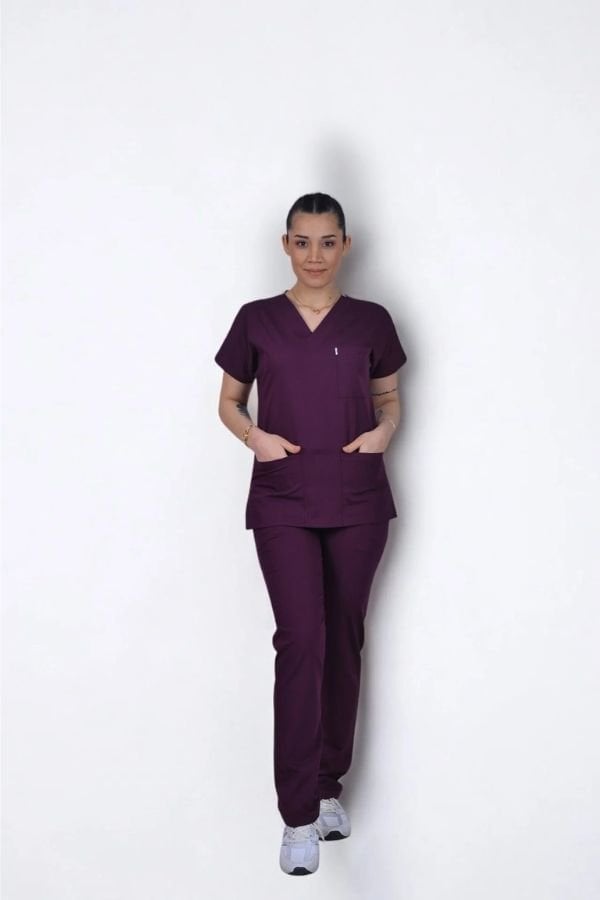 Likralı Klasik Seri Kadın Mürdüm Scrubs