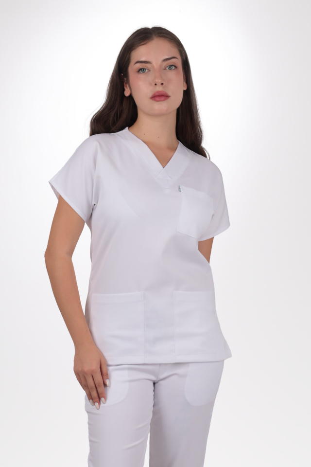 Premium Likralı Klasik Seri Kadın Beyaz Scrubs
